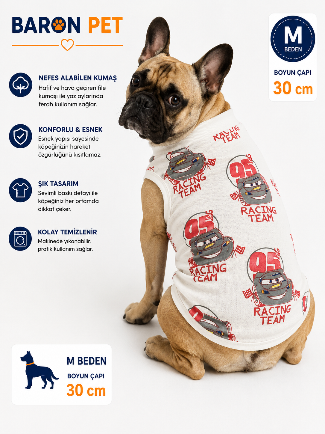 Köpek Tişörtü M Beden Boyun Çapı 30 cm Yarış Arabası Desenli Kolsuz Atlet - Krem