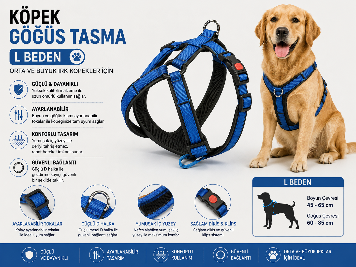 Köpek Göğüs Tasması L Beden Orta ve Büyük Irk Klipsli Ayarlanabilir - Mavi