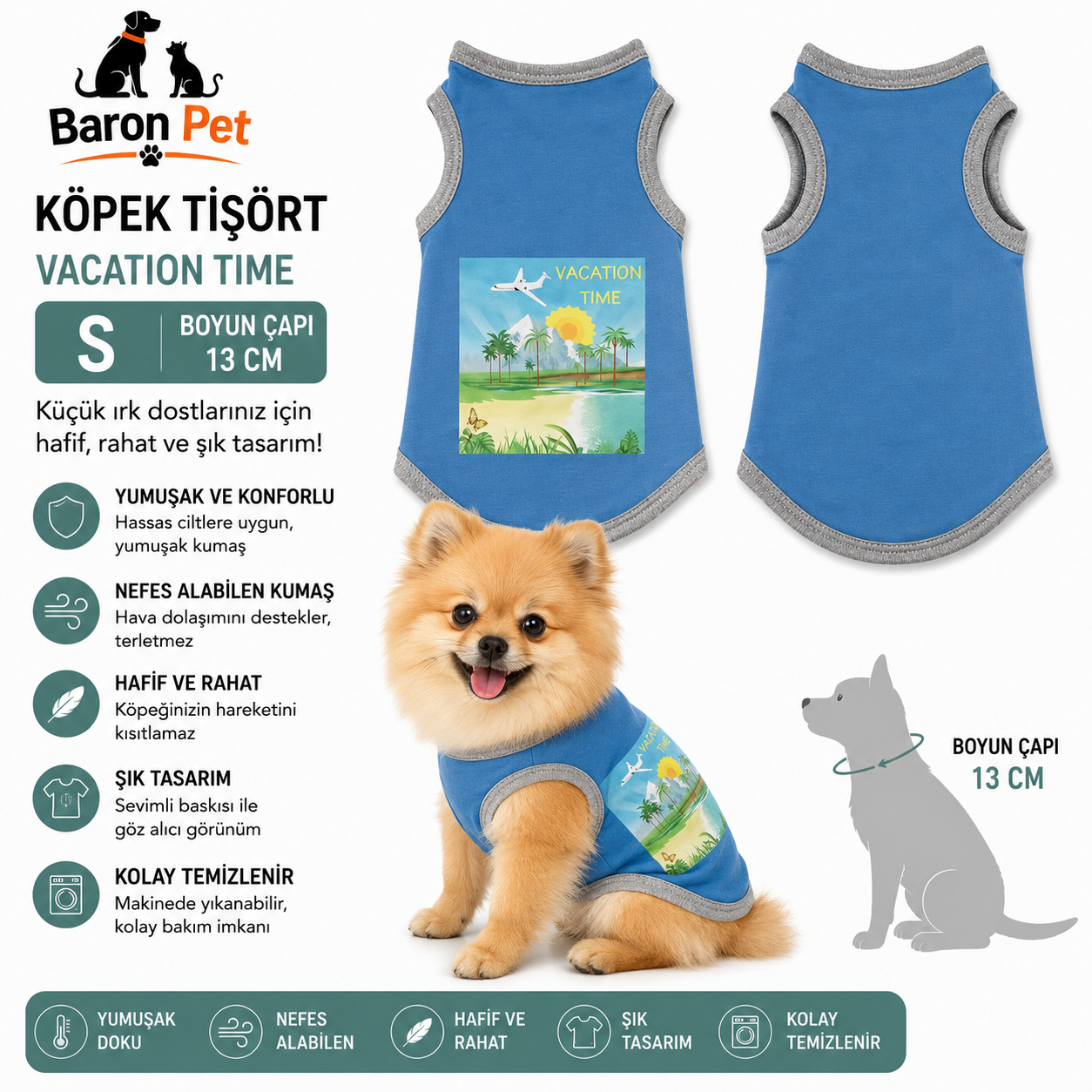 Köpek Tişörtü S Beden Boyun Çapı 26 cm Nefes Alabilen Baskılı - Mavi