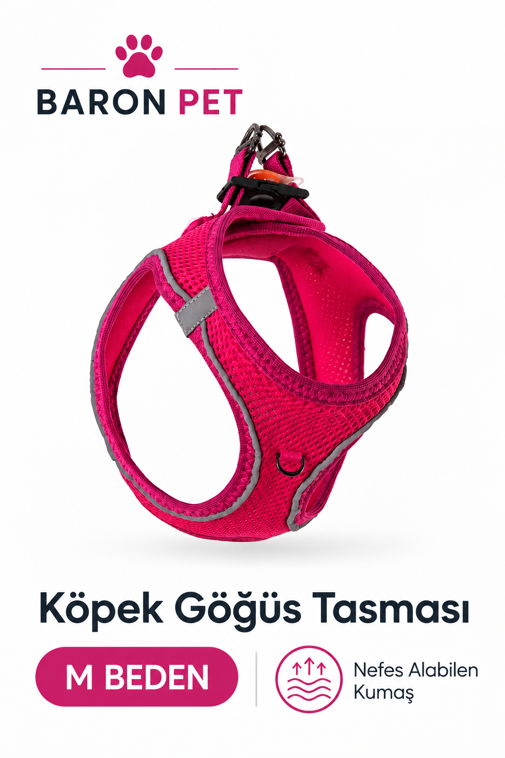 Air Mesh Köpek Göğüs Tasması Reflektörlü Nefes Alan File Kumaş Fuşya - M Beden