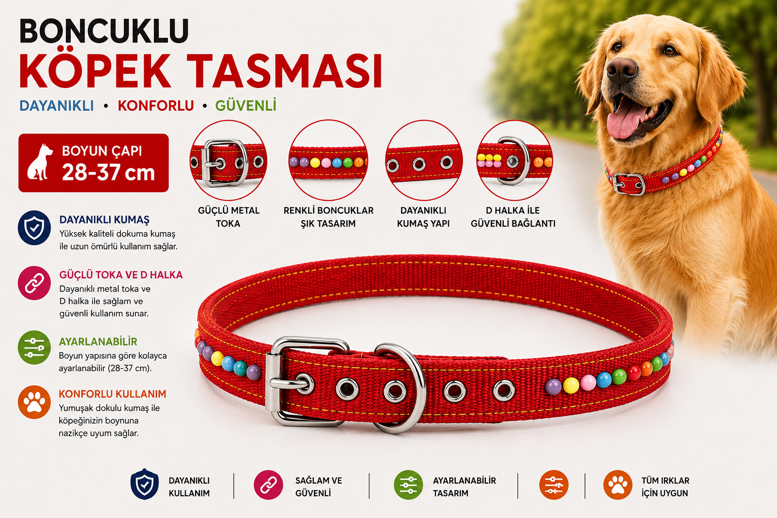 Boncuklu Köpek Boyun Tasması 28-37 cm Ayarlanabilir Metal Tokalı D Halkalı - Kırmızı