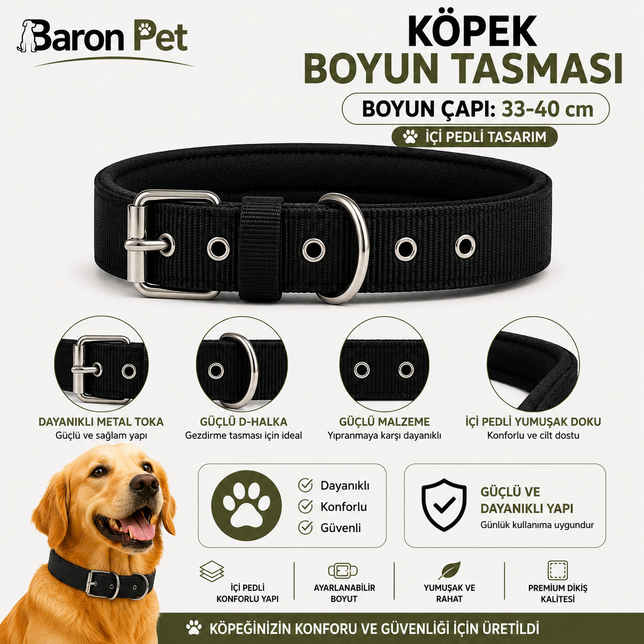Pedli Köpek Boyun Tasması 33-40 cm 2 cm İçi Pedli Metal Tokalı D Halkalı - Siyah