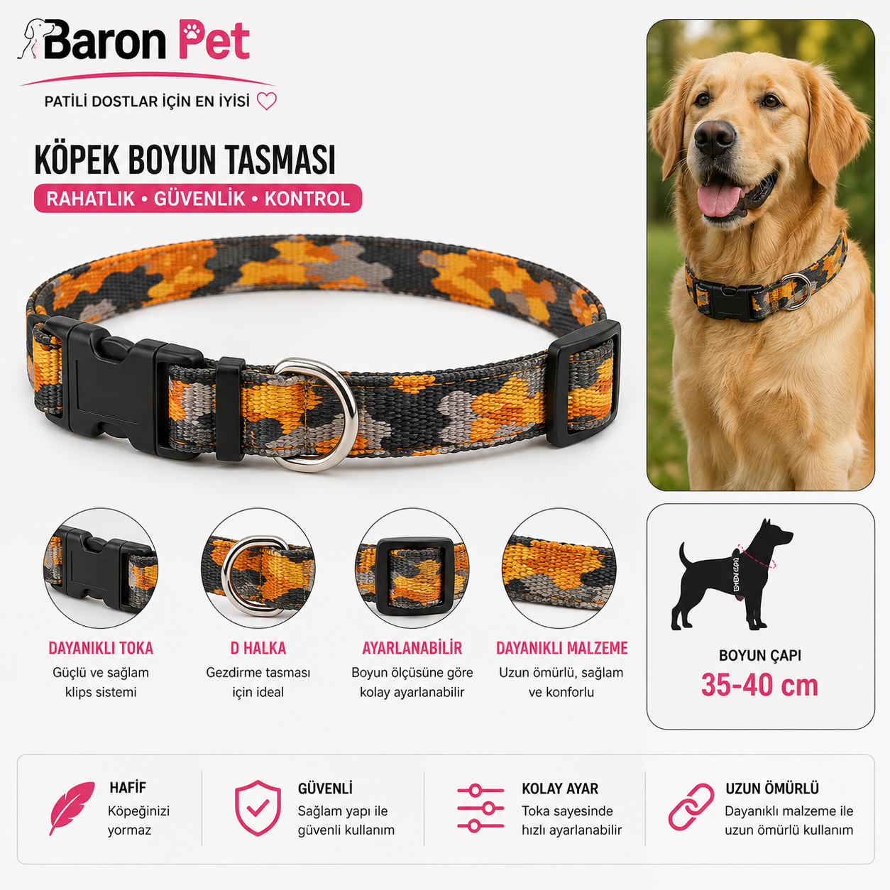 Köpek Boyun Tasması 35-40 cm Kamuflaj Desenli Klips Tokalı Ayarlanabilir - Turuncu