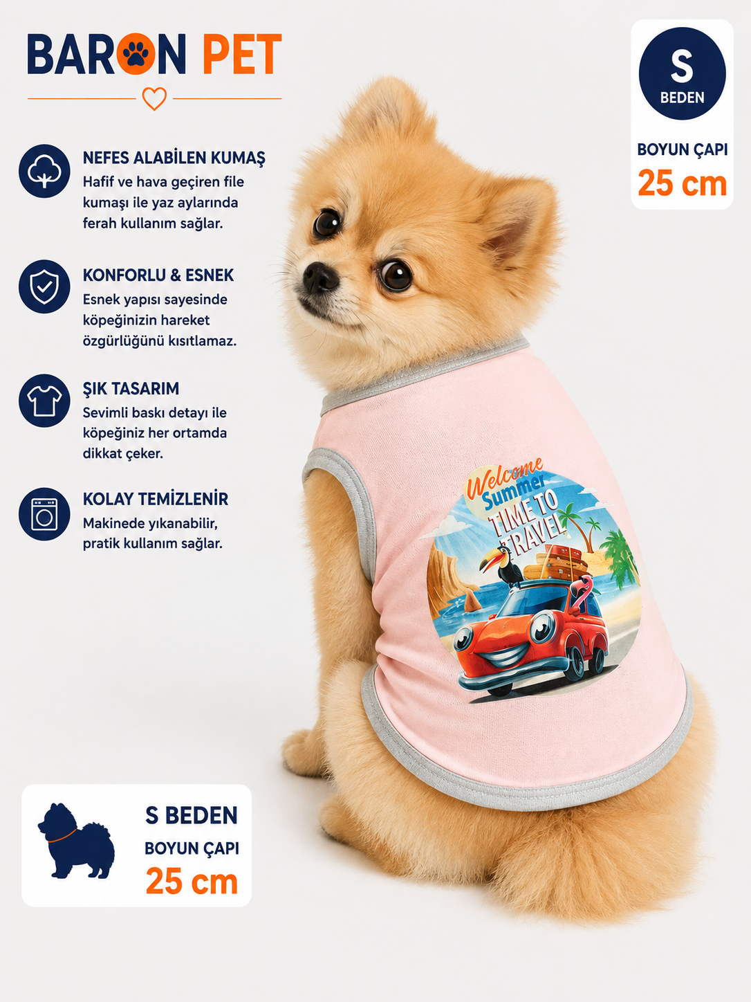 Köpek Tişörtü S Beden Boyun Çapı 25 cm Time To Travel Baskılı Kolsuz Atlet - Pembe