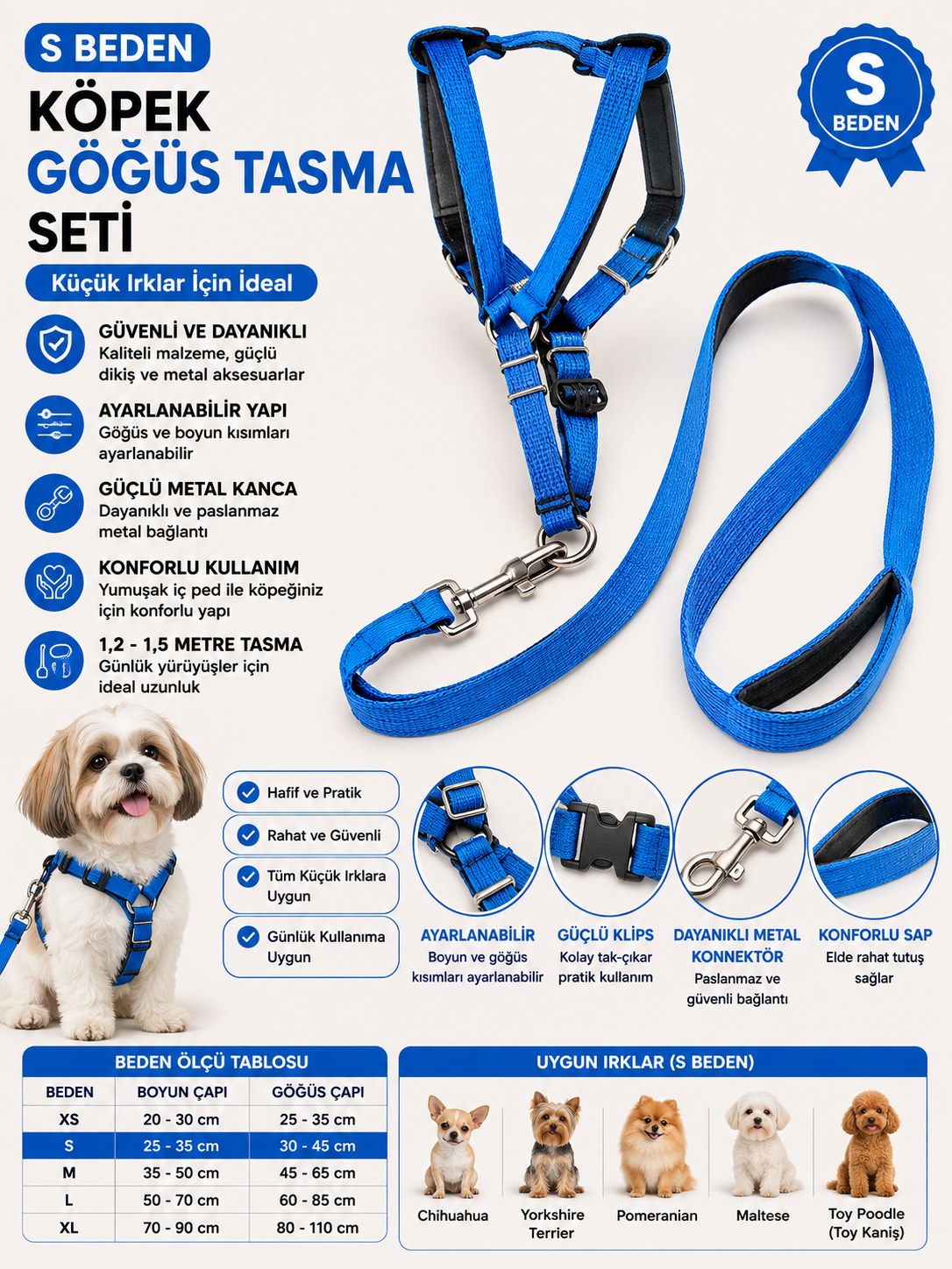 Köpek Göğüs Tasması ve Sevk Kayışı Seti S Beden Küçük Irk İçi Pedli Ayarlanabilir - Mavi