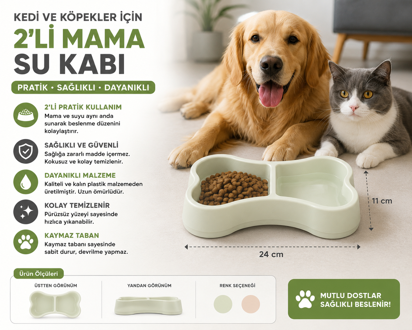 Ally Paws Kemik Şekilli Kedi Köpek İkili Mama ve Su Kabı 24 cm Kaymaz Tabanlı