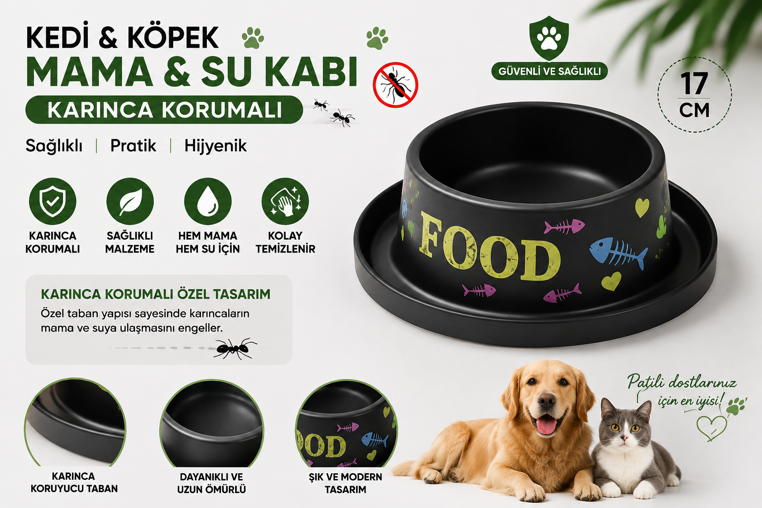 Karınca Korumalı Kedi Köpek Mama ve Su Kabı 17 cm Çift Katmanlı Tabanlı - Siyah