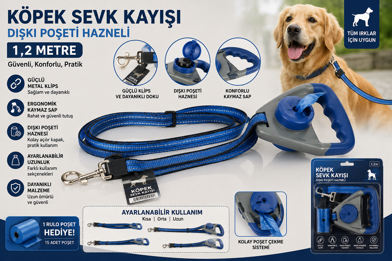 Köpek Sevk Kayışı Dışkı Poşeti Hazneli 1,2 Metre Ayarlanabilir Reflektörlü Kaymaz Saplı - Mavi