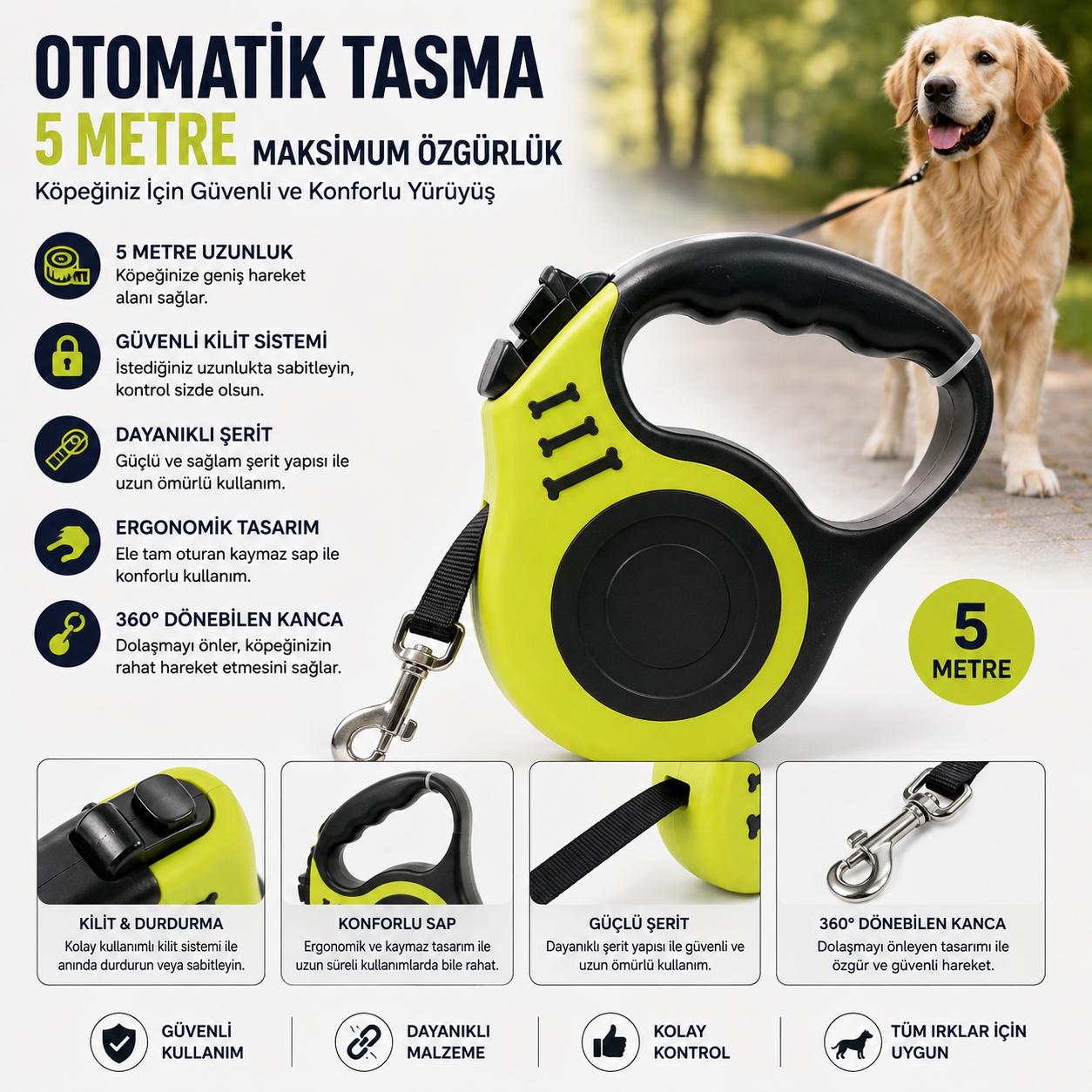 Otomatik Köpek Gezdirme Tasması 5 Metre Kilitlemeli 360 Derece - Sarı