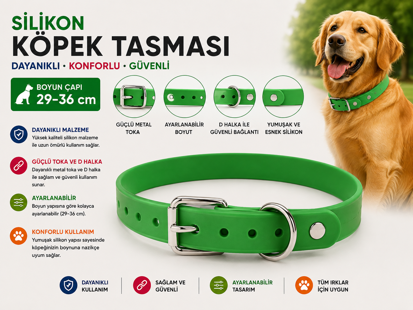 Silikon Köpek Boyun Tasması 29-36 cm Su Geçirmez Ayarlanabilir Metal Tokalı - Yeşil