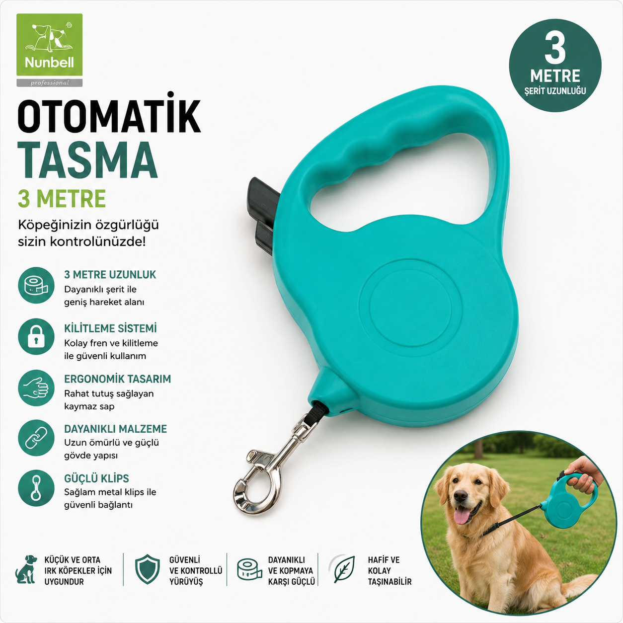 Nunbell Otomatik Köpek Gezdirme Tasması 3 Metre Kilitli Şeritli - Turkuaz