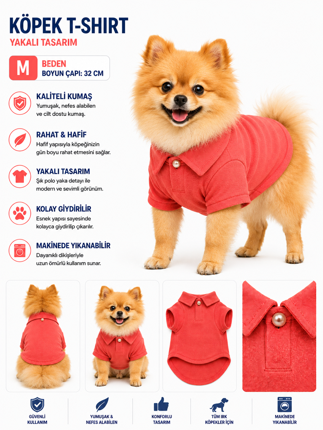 Köpek Polo Yaka Tişört M Beden Boyun Çapı 32 cm Nefes Alabilen Kumaş - Kırmızı