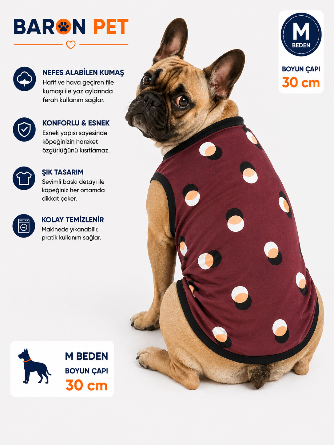 Köpek Tişörtü M Beden Boyun Çapı 30 cm Puantiye Desenli Kolsuz Atlet - Bordo