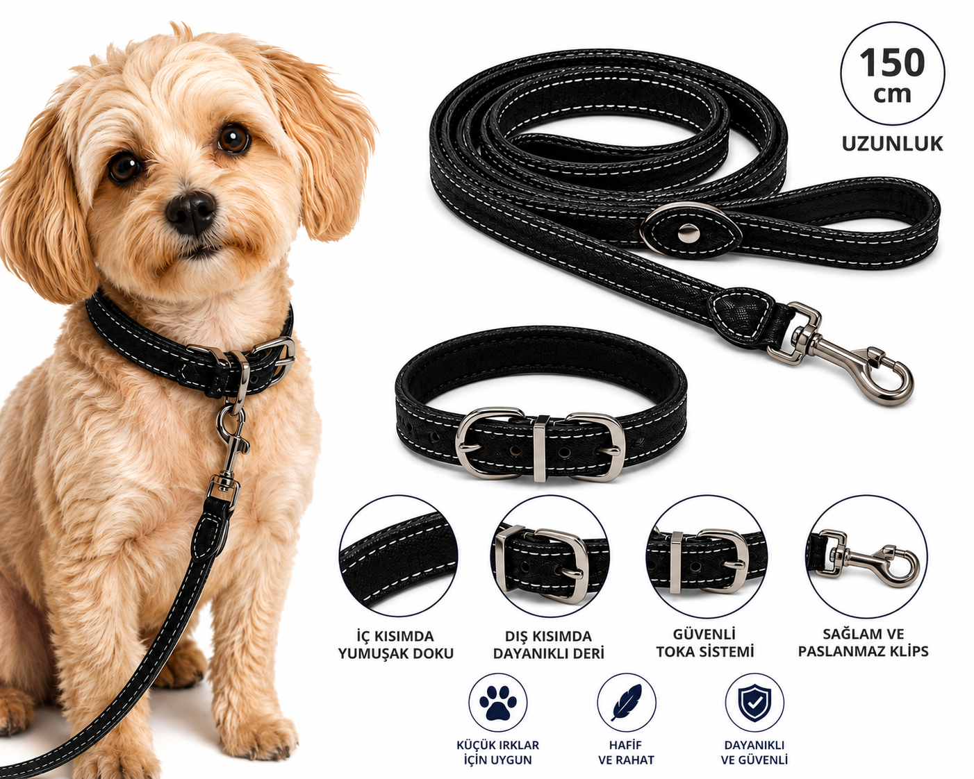 Küçük Irk Köpek Deri Boyun Tasması ve Gezdirme Kayışı Seti 150 cm - Siyah