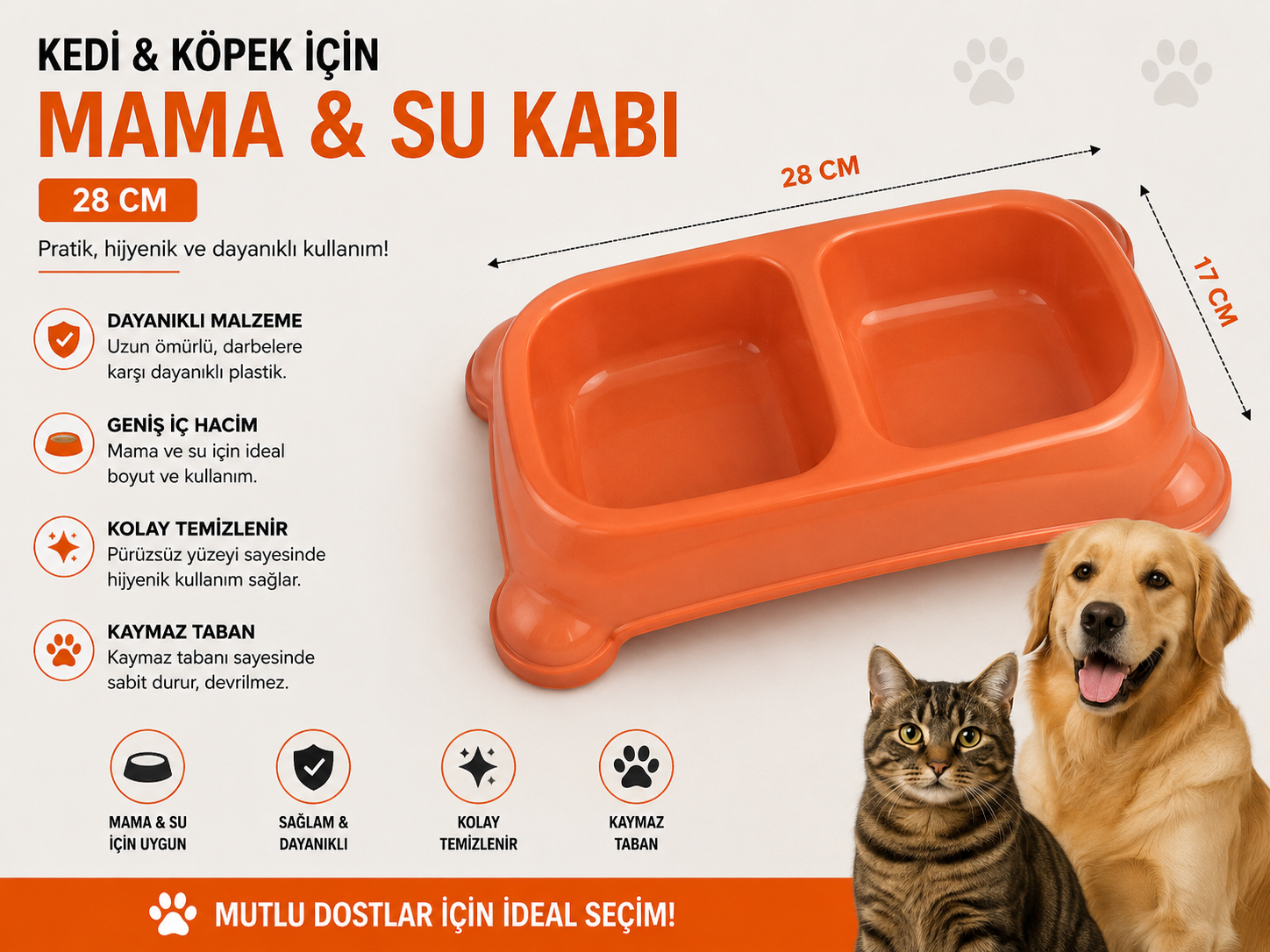 Kedi Köpek İkili Mama ve Su Kabı 28x17 cm Kaymaz Tabanlı Çift Bölmeli - Turuncu