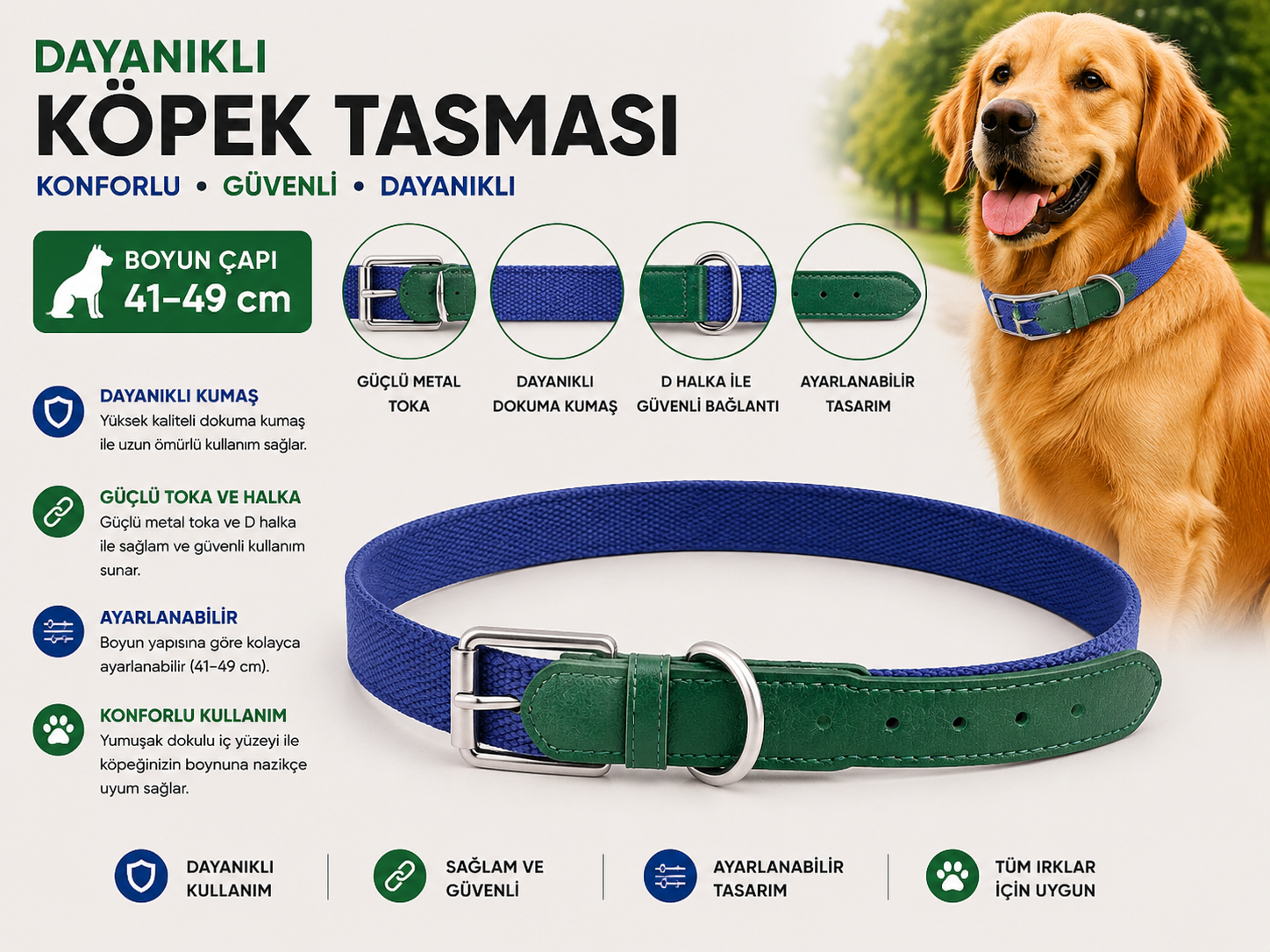 Köpek Boyun Tasması 41-49 cm Dokuma Kumaş Deri Detaylı Ayarlanabilir Metal Tokalı - Mavi Yeşil