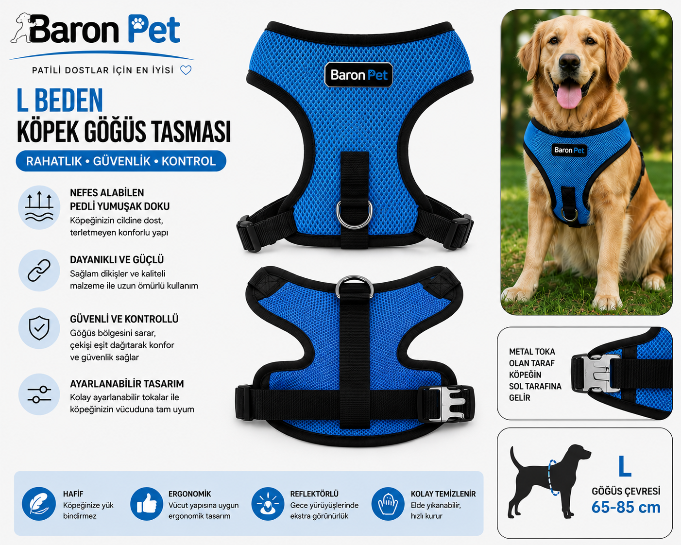 Köpek Göğüs Tasması L Beden 65-85 cm Nefes Alabilen File Reflektörlü - Mavi