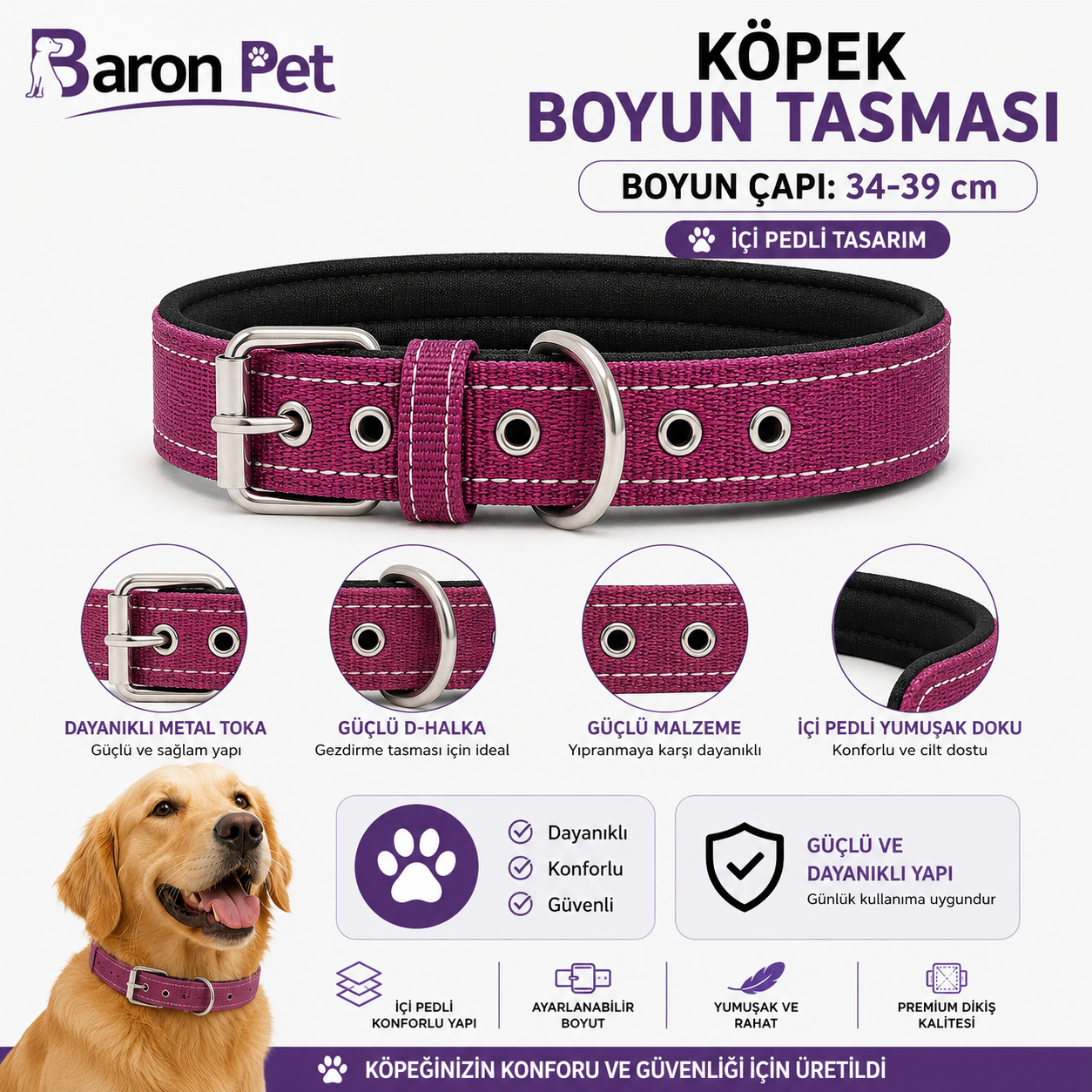 Pedli Köpek Boyun Tasması 34-39 cm 2 cm İçi Pedli Metal Tokalı D Halkalı - Mürdüm