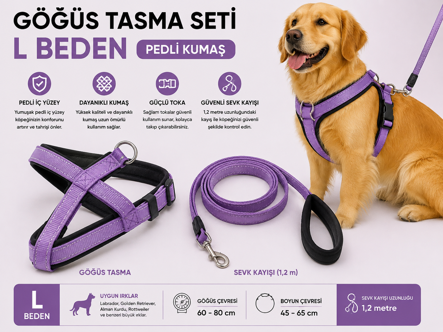 Köpek Göğüs Tasması ve Sevk Kayışı Seti L Beden İçi Pedli Büyük Irk 1,2 Metre Kayış - Lila