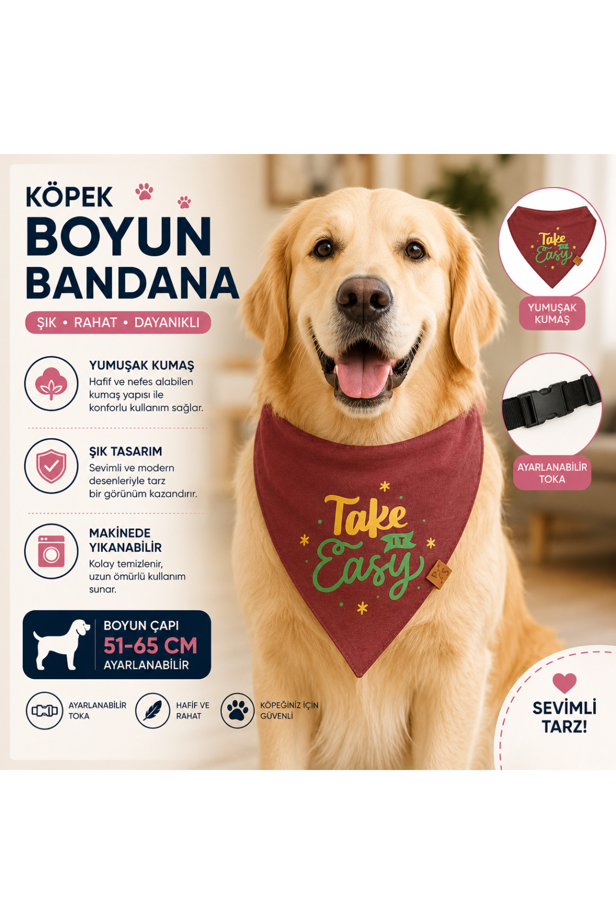 Köpek Boyun Bandanası Bordo Take It Easy Desenli 51-65 cm Ayarlanabilir Tokalı