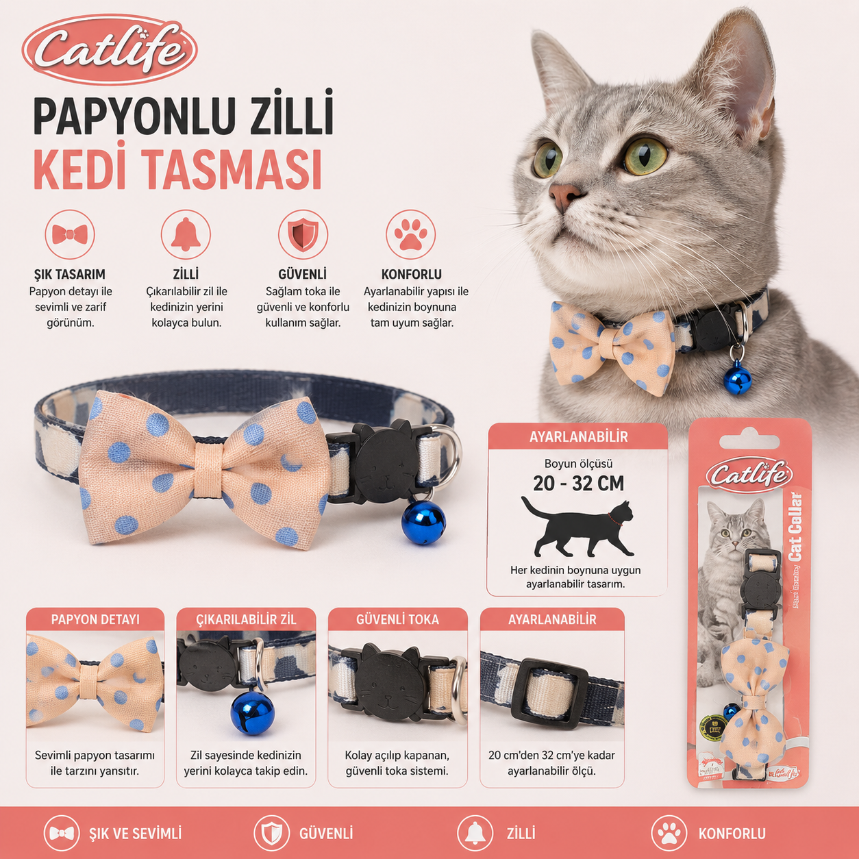 Catlife Papyonlu Zilli Kedi Tasması Ayarlanabilir 20-32 cm Emniyet Tokalı - Lacivert Ekose