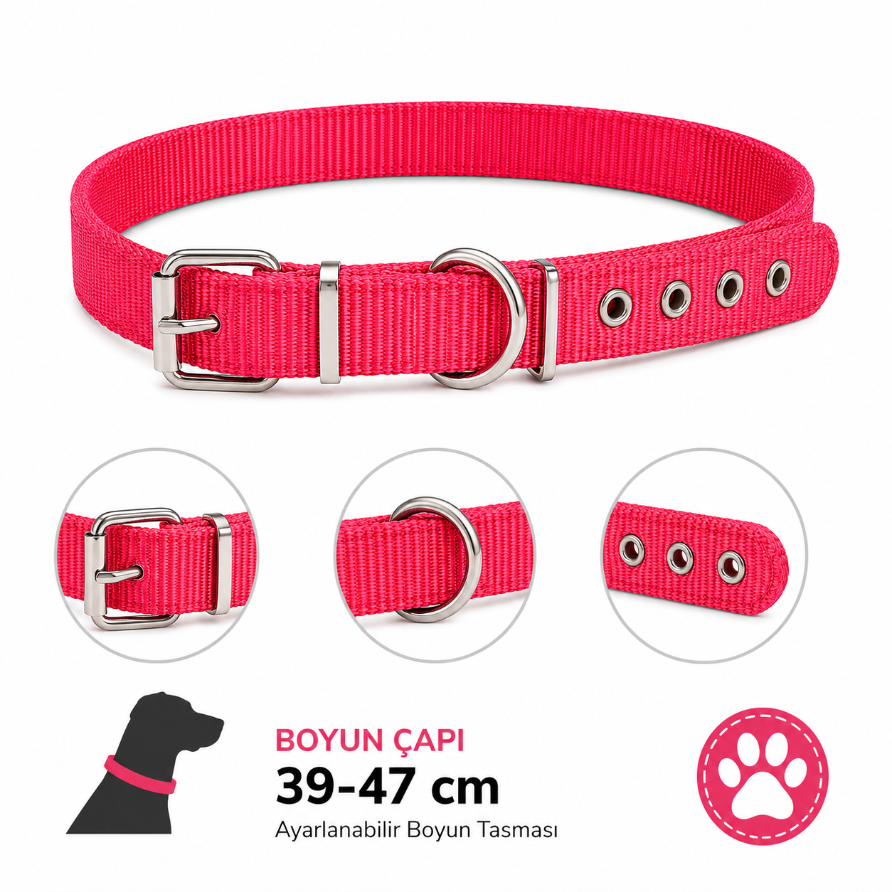 Köpek Boyun Tasması 39-47 cm Dokuma Naylon Metal Tokalı D Halkalı Ayarlanabilir - Kırmızı