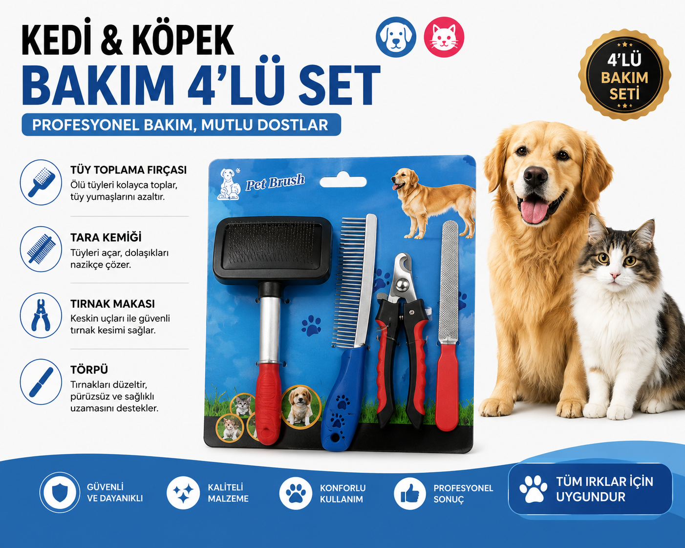 Kedi Köpek Bakım Seti 4 lü Tüy Toplama Fırçası Tarak Tırnak Makası ve Törpü