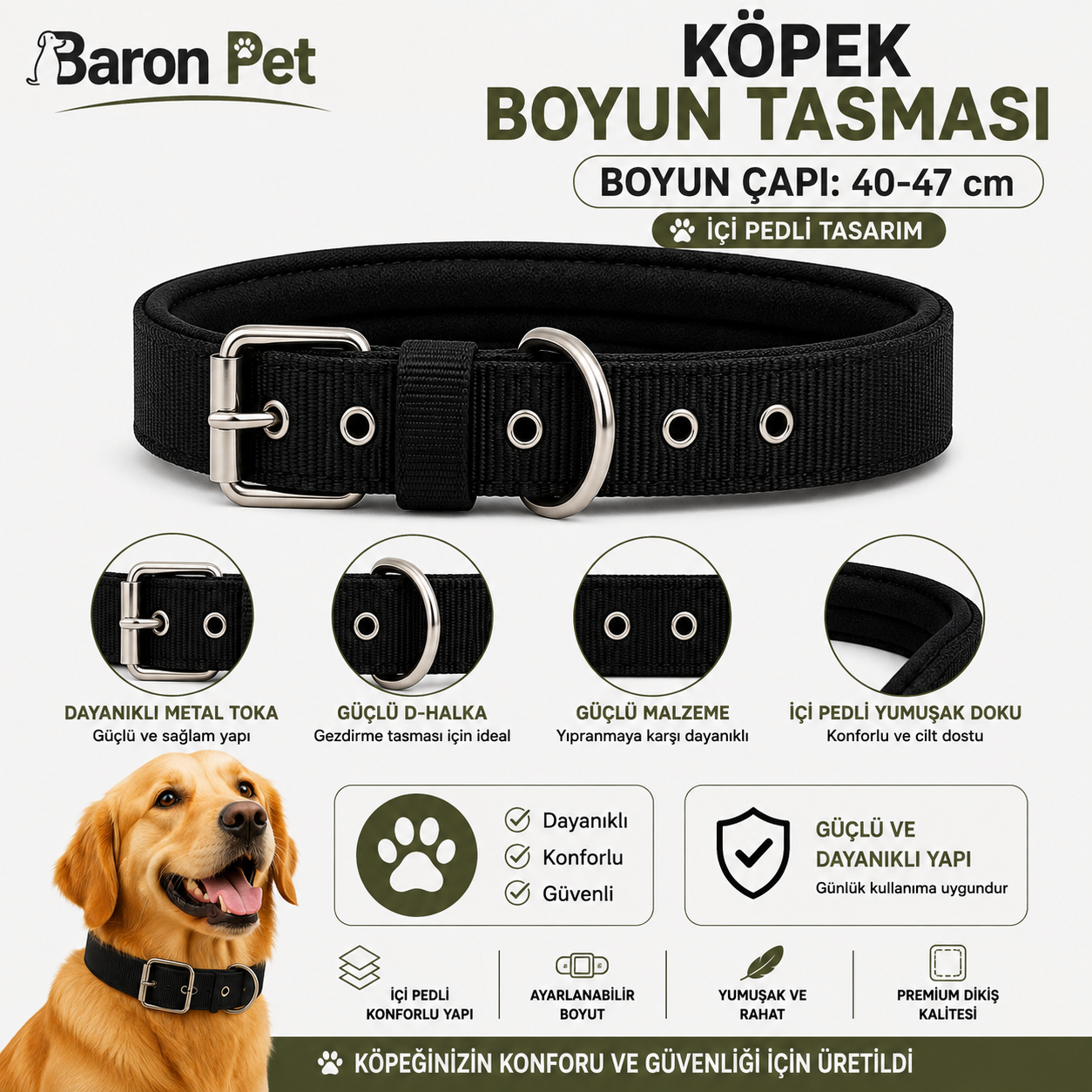 Pedli Köpek Boyun Tasması 40-47 cm 2 cm İçi Pedli Metal Tokalı D Halkalı - Siyah
