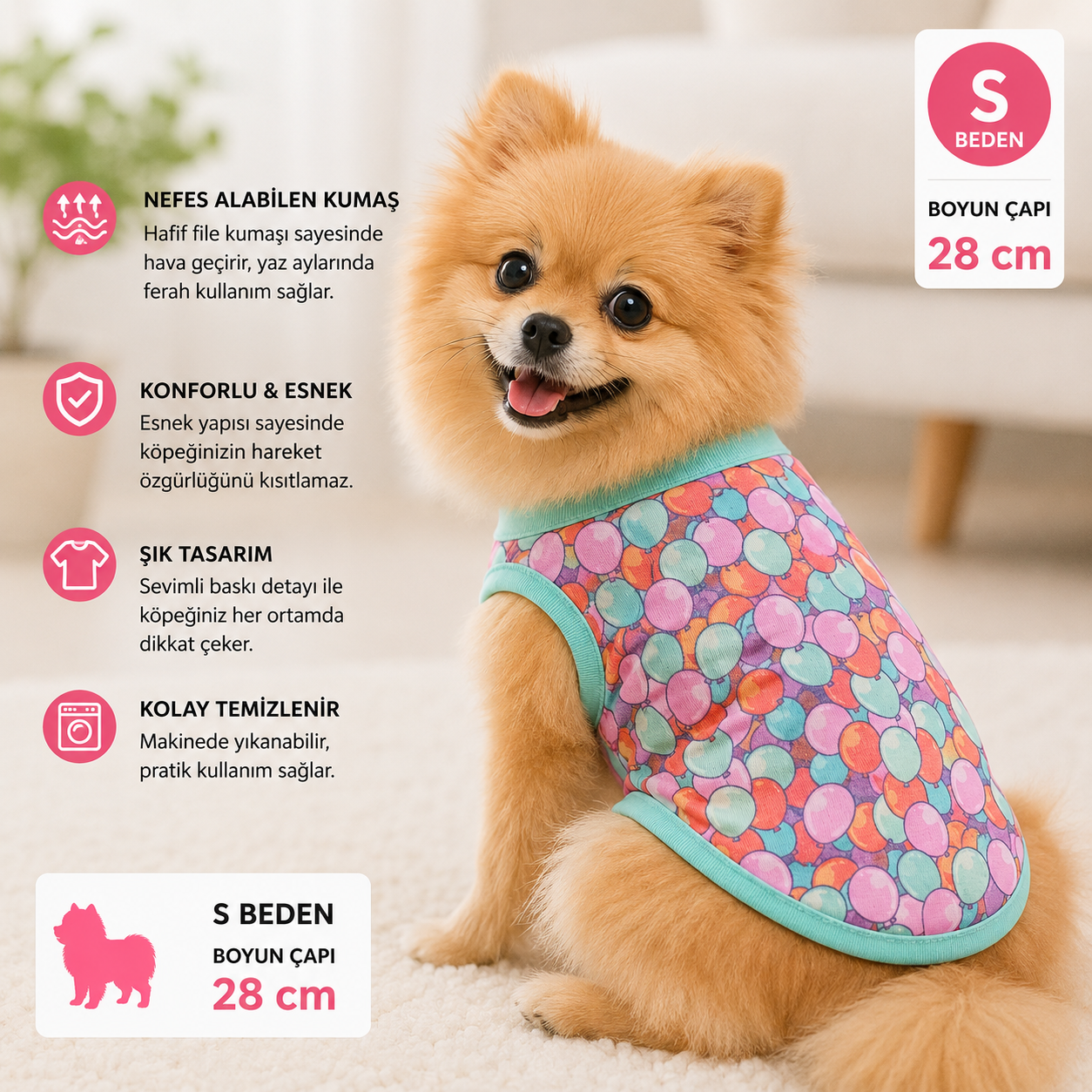 Köpek Tişörtü S Beden Boyun Çapı 28 cm Balon Desenli Kolsuz Atlet - Çok Renkli