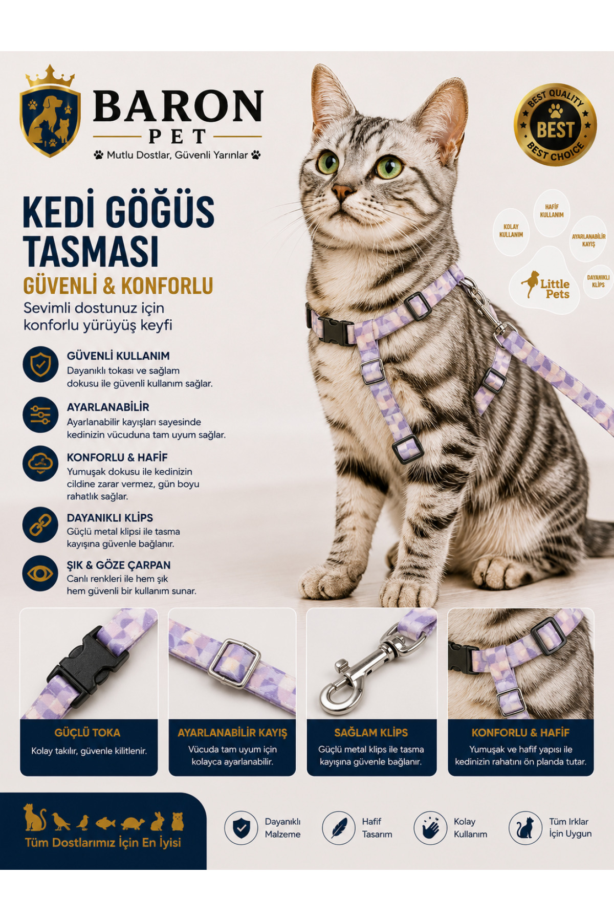 Kedi Göğüs Tasması ve Gezdirme Kayışı Seti Lila Batik Desenli Ayarlanabilir