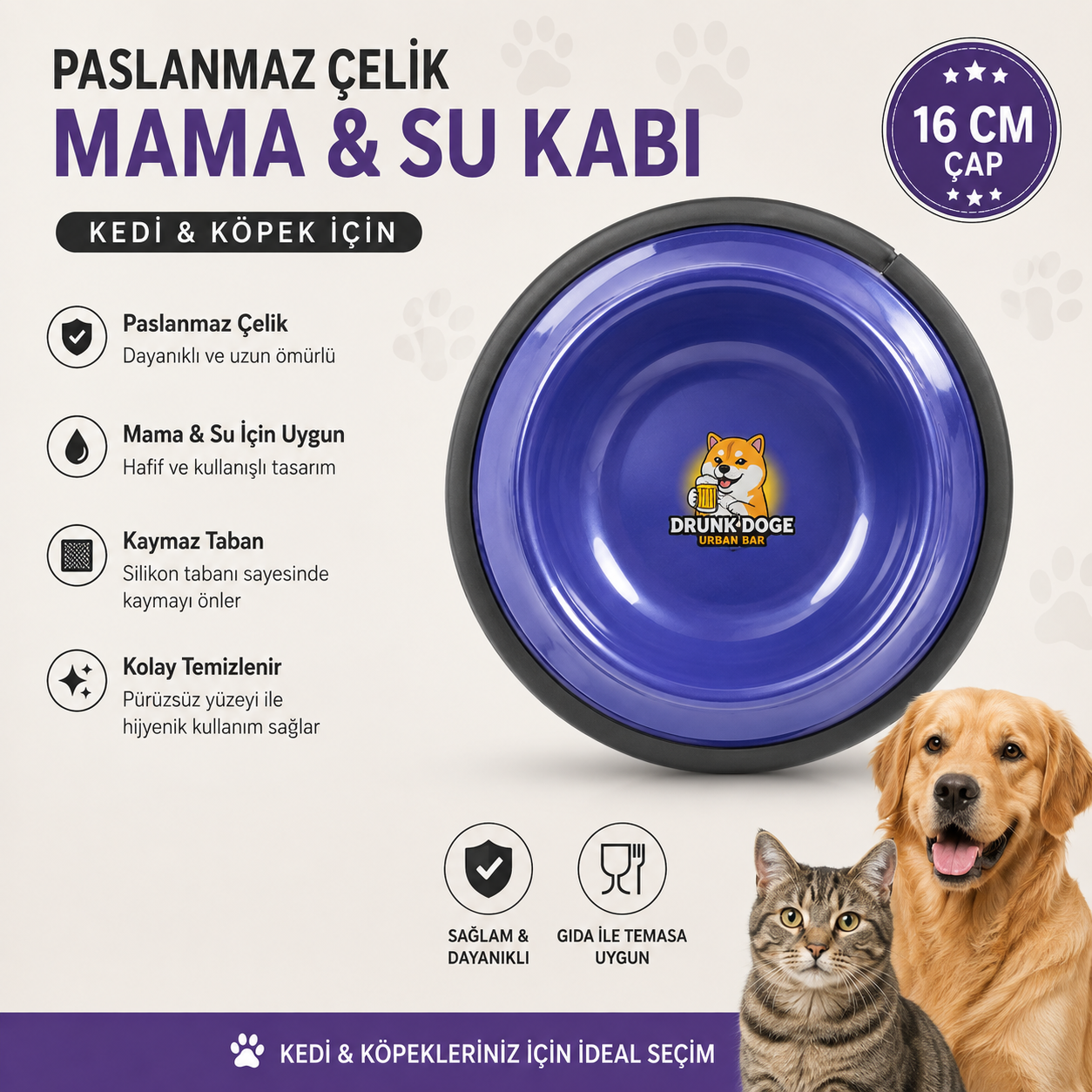 Paslanmaz Çelik Kedi Köpek Mama ve Su Kabı 16 cm Kaymaz Tabanlı - Lacivert