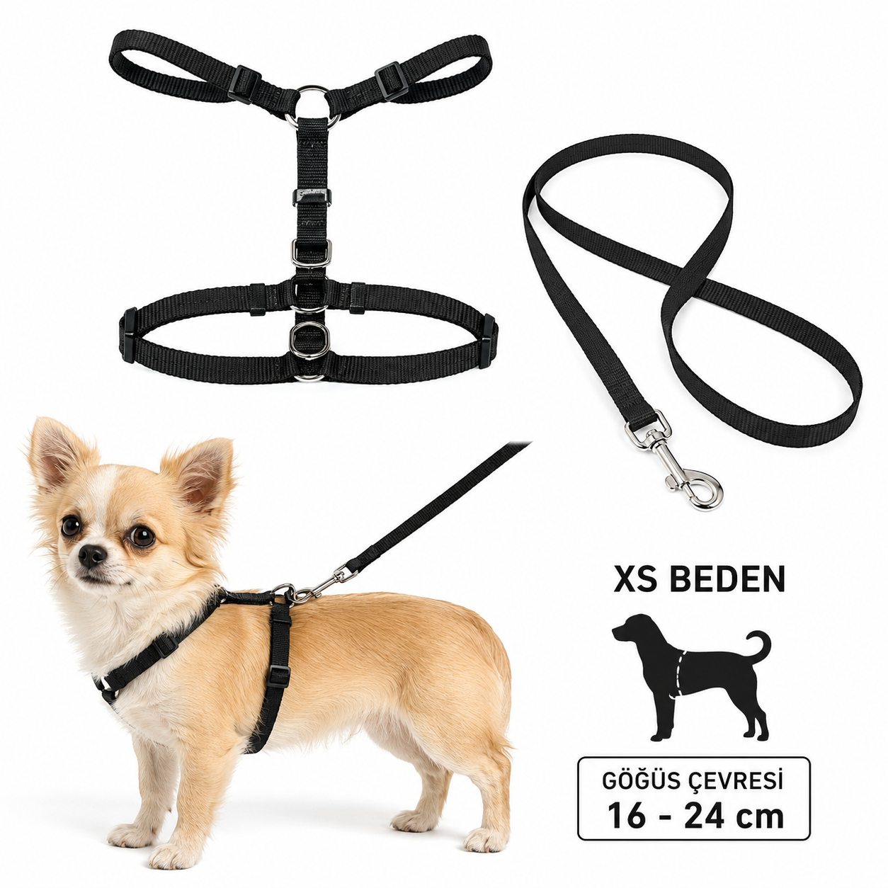 Köpek Göğüs Tasması ve Sevk Kayışı Seti XS Beden 16-24 cm Küçük Irk H Tipi - Siyah