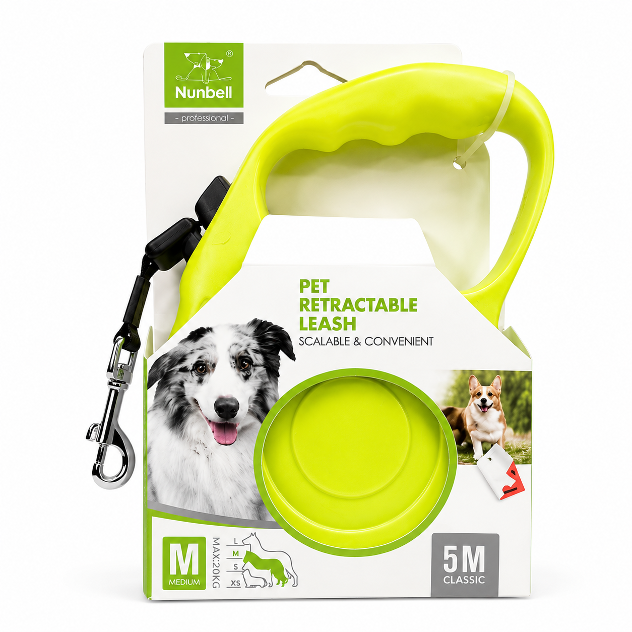 Nunbell Otomatik Köpek Gezdirme Tasması 5 Metre M Beden 20 kg Kilitli Metal Klipsli - Neon Sarı