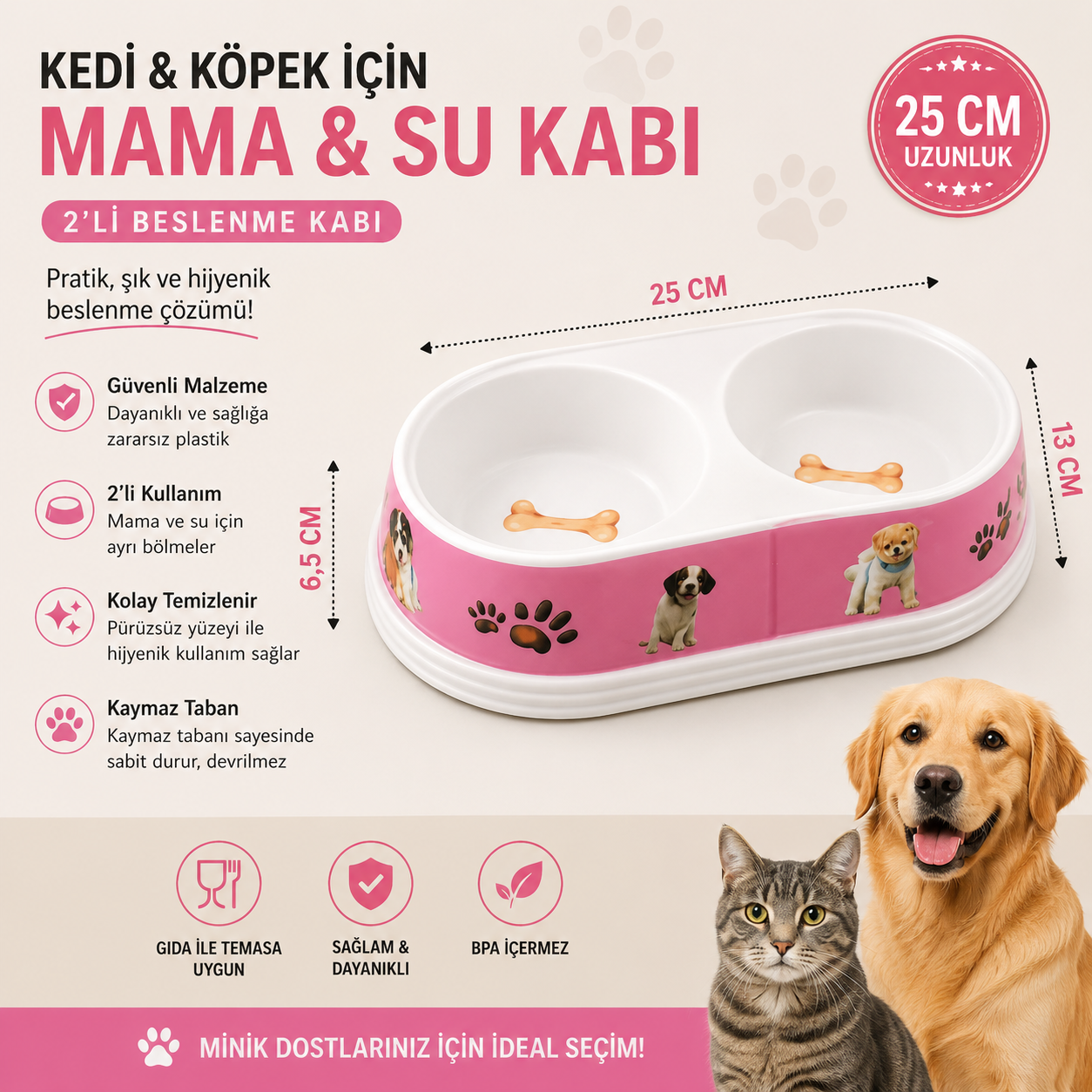 Kedi Köpek İkili Mama ve Su Kabı 25 cm Kaymaz Tabanlı Çift Bölmeli - Pembe