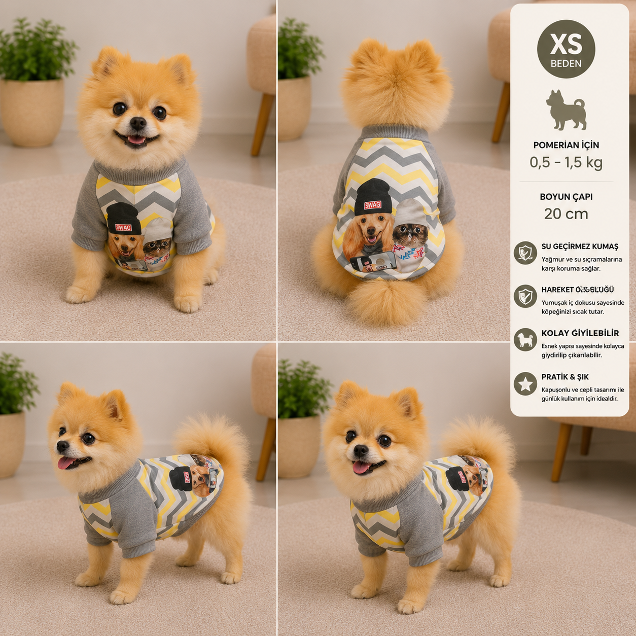 Köpek Sweatshirt XS Beden Boyun Çapı 20 cm SWAG Baskılı Kapüşonlu Zigzag - Gri Sarı
