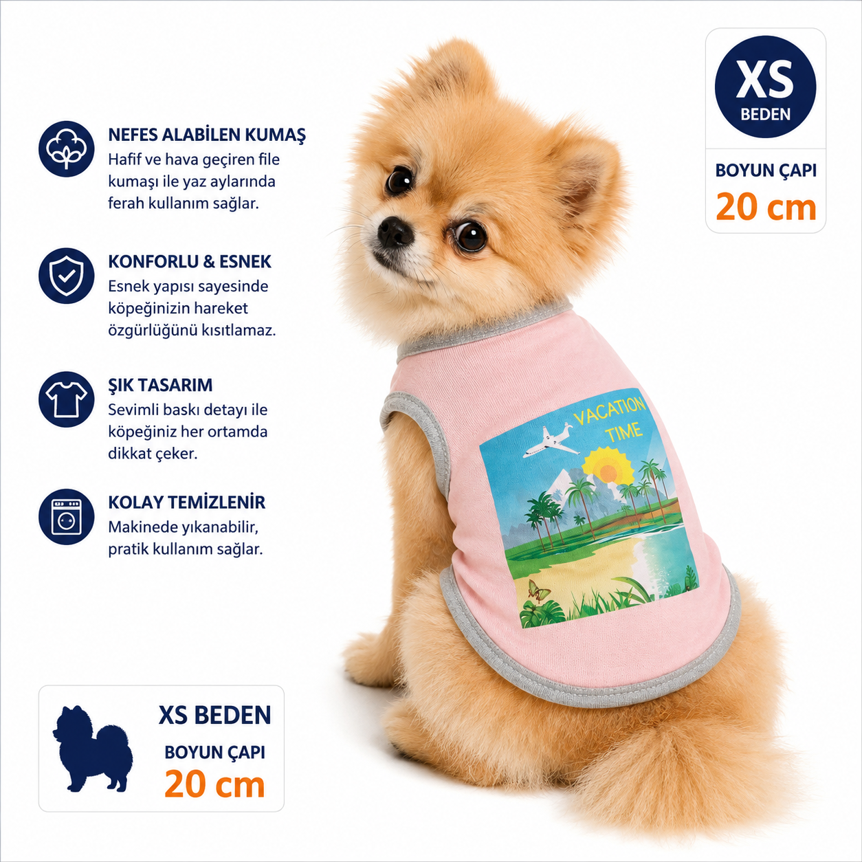 Köpek Tişörtü XS Beden Boyun Çapı 20 cm Vacation Time Baskılı Kolsuz Atlet - Pembe
