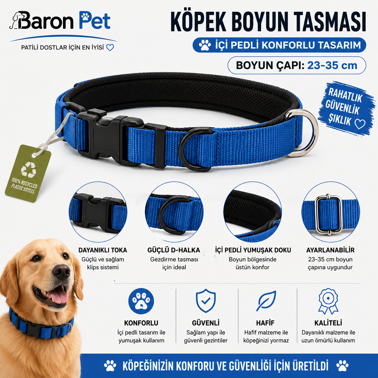 Geri Dönüştürülmüş Pedli Köpek Boyun Tasması 23-35 cm Klips Tokalı - Mavi