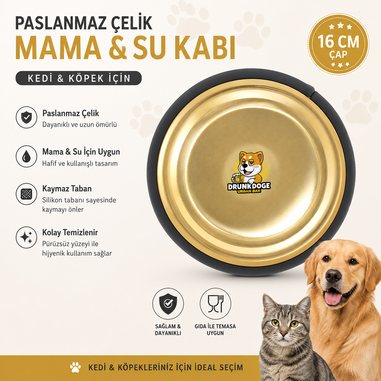 Paslanmaz Çelik Kedi Köpek Mama ve Su Kabı 16 cm Kaymaz Tabanlı - Gold