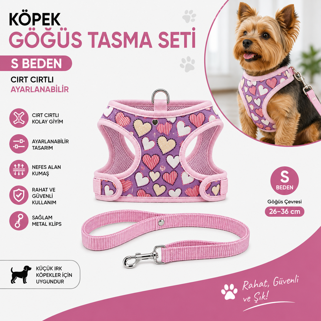 Köpek Göğüs Tasması ve Sevk Kayışı Seti S Beden 26-36 cm Cırt Cırtlı Kalp Desenli