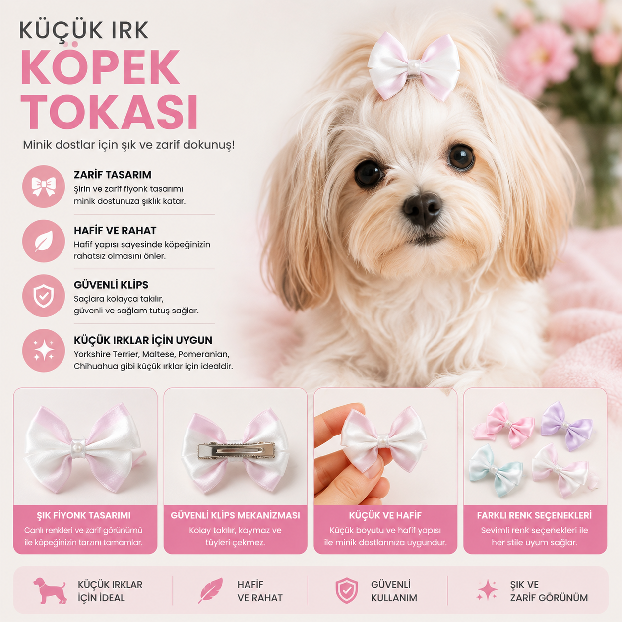 Küçük Irk Köpek Tokası Fiyonk İncili Klipsli - Pembe Beyaz