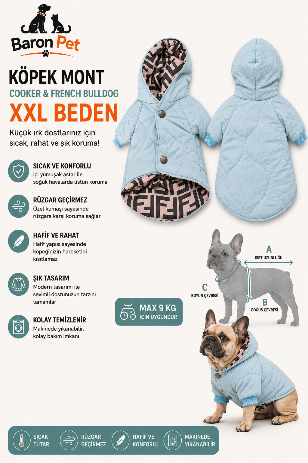 Köpek Montu XXL Beden Kapüşonlu Kapitone Rüzgar Geçirmez - Bebek Mavisi