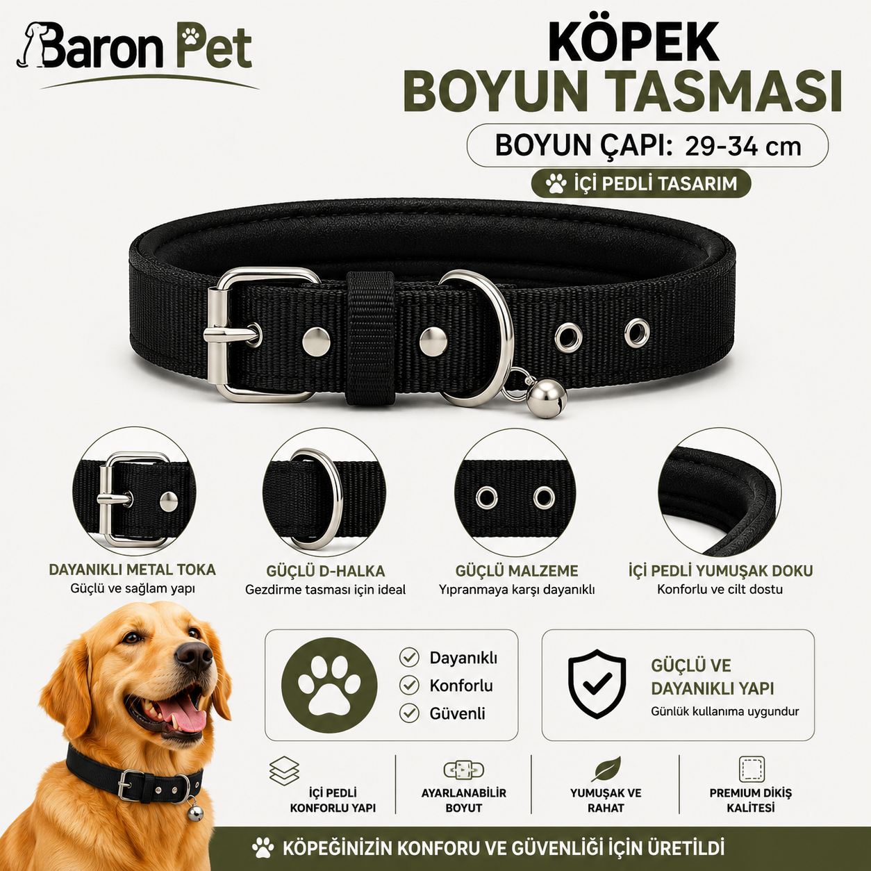 Pedli Zilli Köpek Boyun Tasması 29-34 cm 2 cm İçi Pedli Metal Tokalı - Siyah