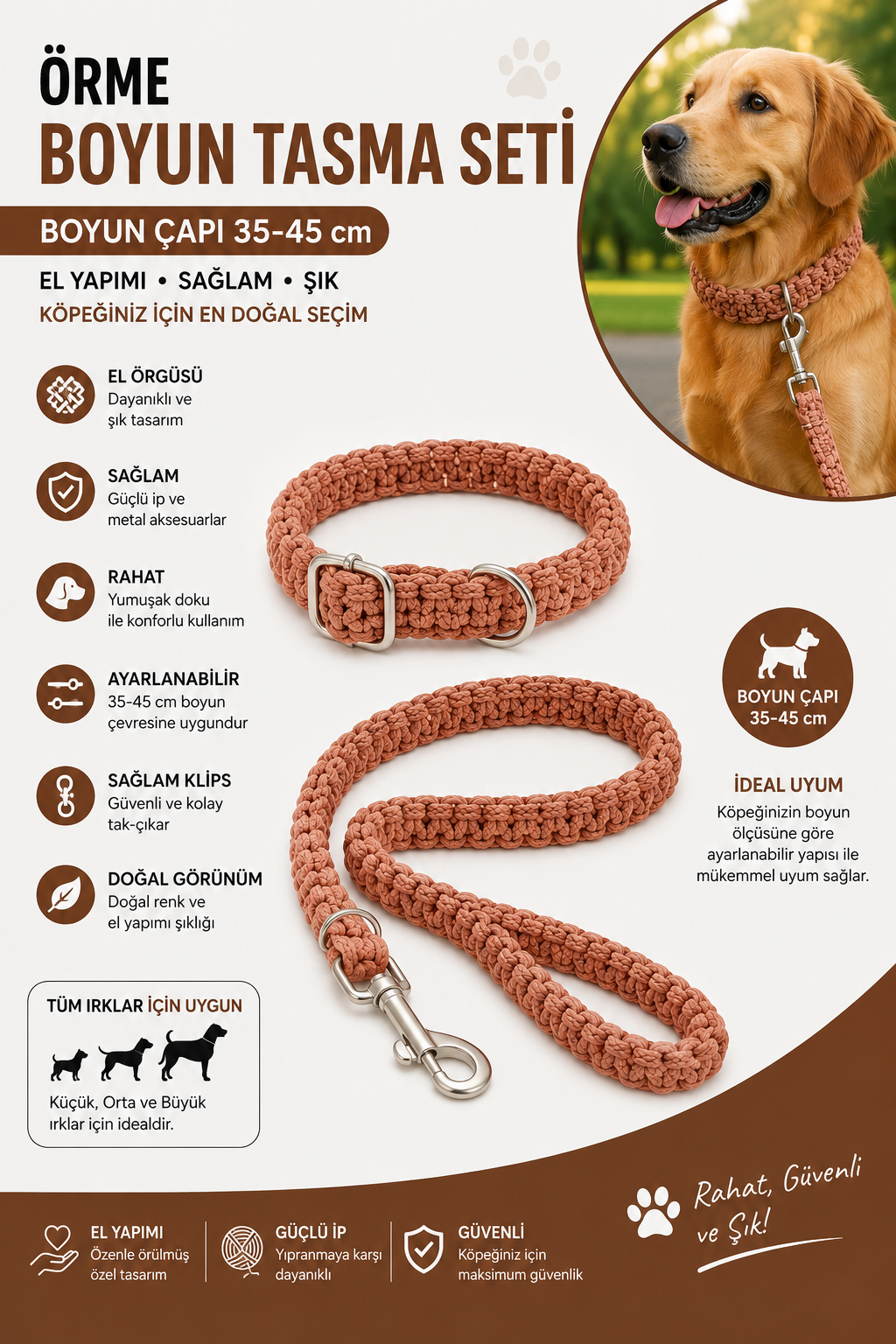 Örme Köpek Boyun Tasması ve Sevk Kayışı Seti 35-45 cm El Yapımı İp - Kiremit