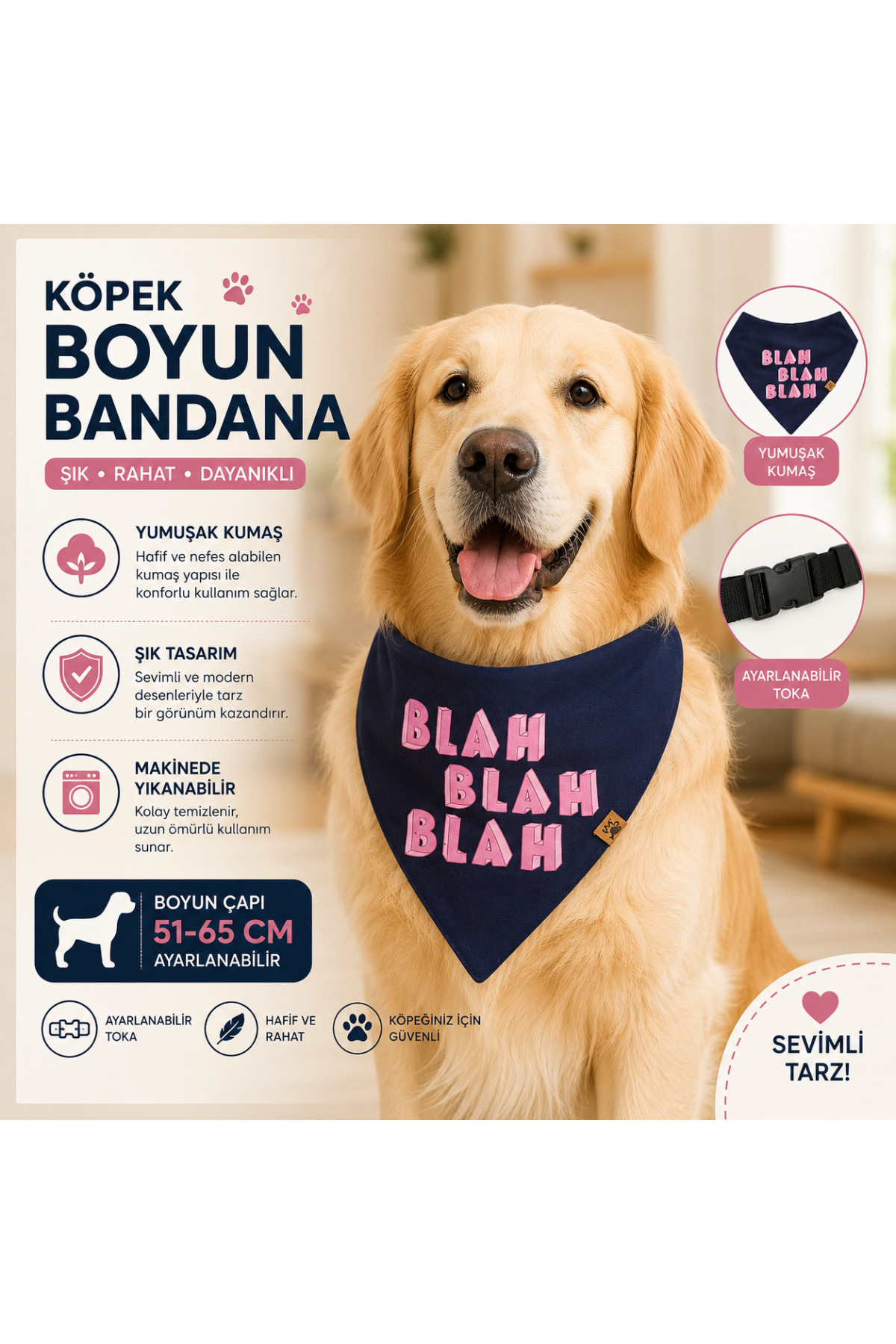 Köpek Boyun Bandanası Lacivert Blah Blah Blah Desenli 51-65 cm Ayarlanabilir Tokalı