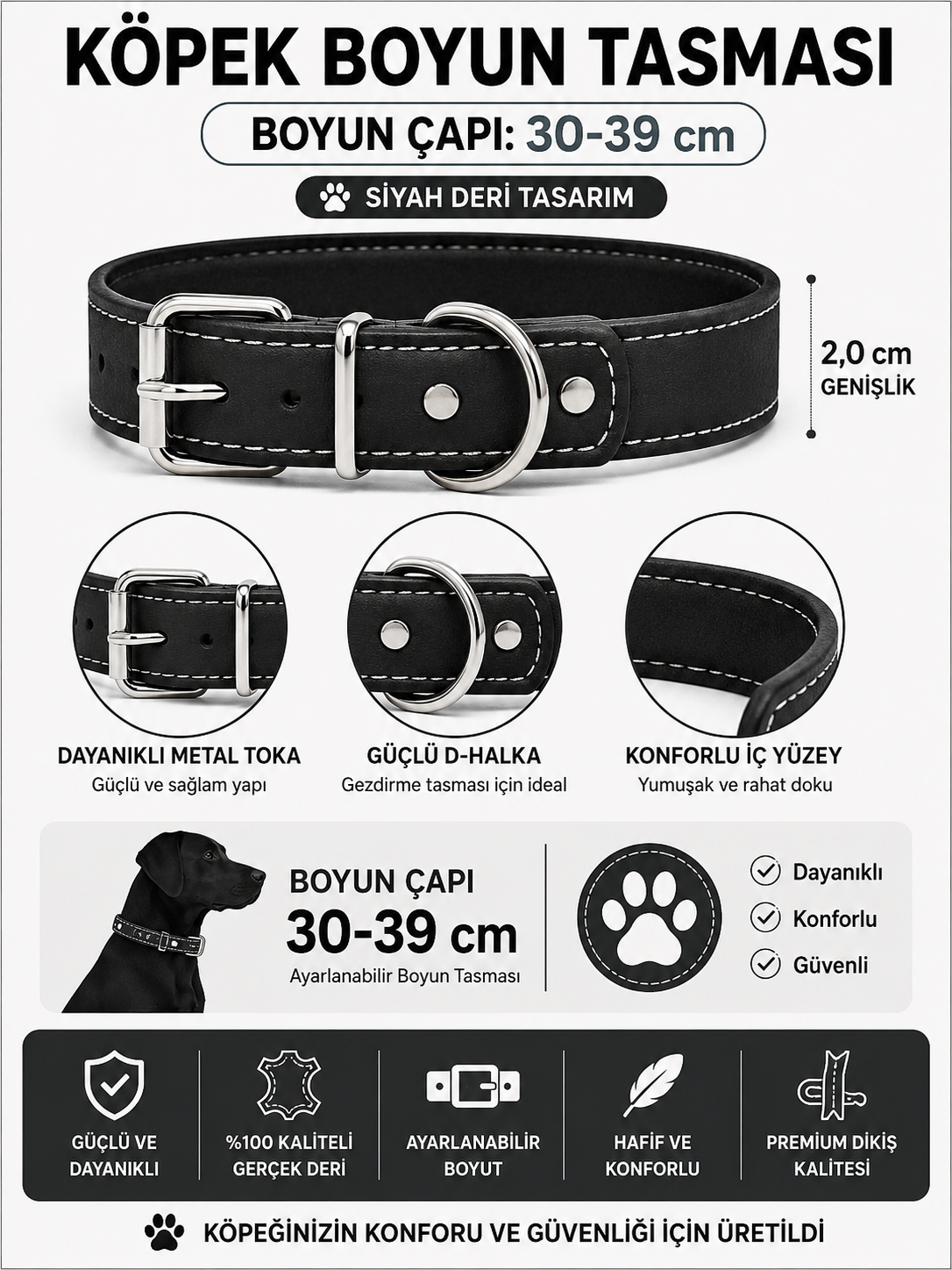 Deri Köpek Boyun Tasması 30-39 cm 2 cm Metal Tokalı D Halkalı Ayarlanabilir - Siyah