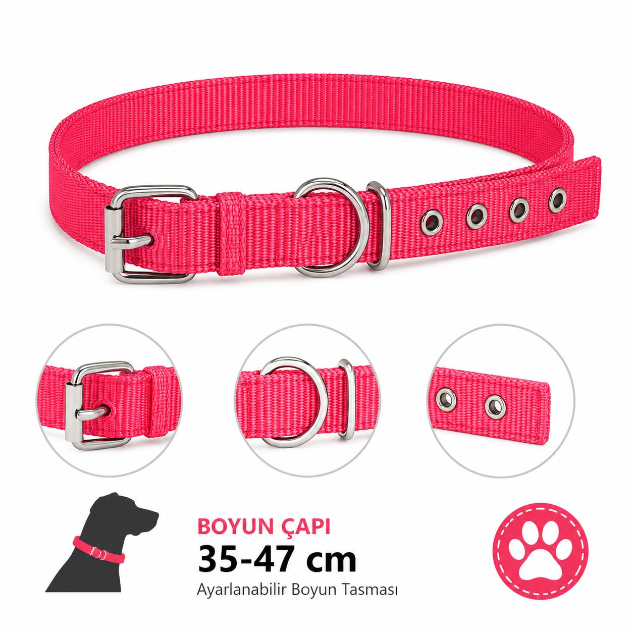 Köpek Boyun Tasması 35-47 cm Dokuma Naylon Metal Tokalı D Halkalı Ayarlanabilir - Kırmızı