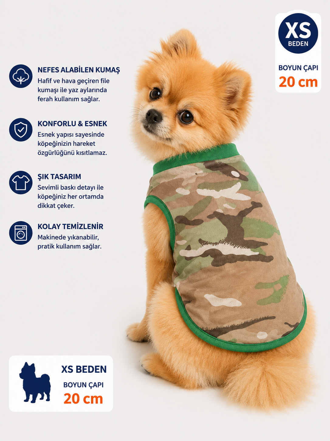 Köpek Tişörtü XS Beden Boyun Çapı 20 cm Kamuflaj Desenli Kolsuz Atlet - Haki Yeşil