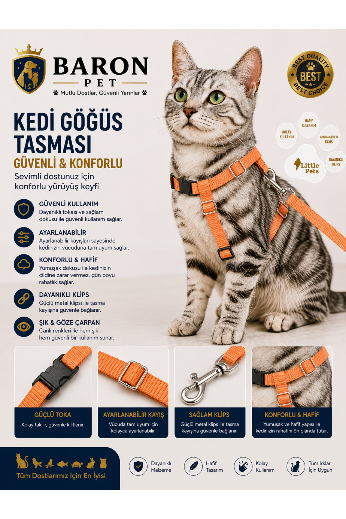 Kedi Göğüs Tasması ve Gezdirme Kayışı Seti Turuncu Düz Siyah Tokalı Ayarlanabilir