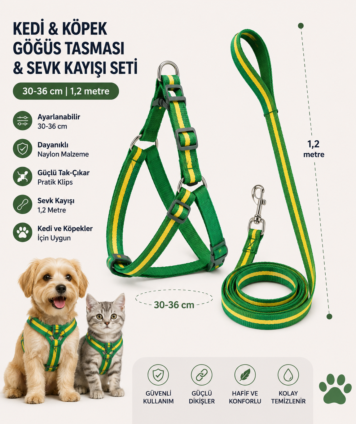 Kedi ve Köpek Göğüs Tasması Sevk Kayışı Seti 30-36 cm Şeritli 1,2 Metre Kayış - Yeşil Sarı