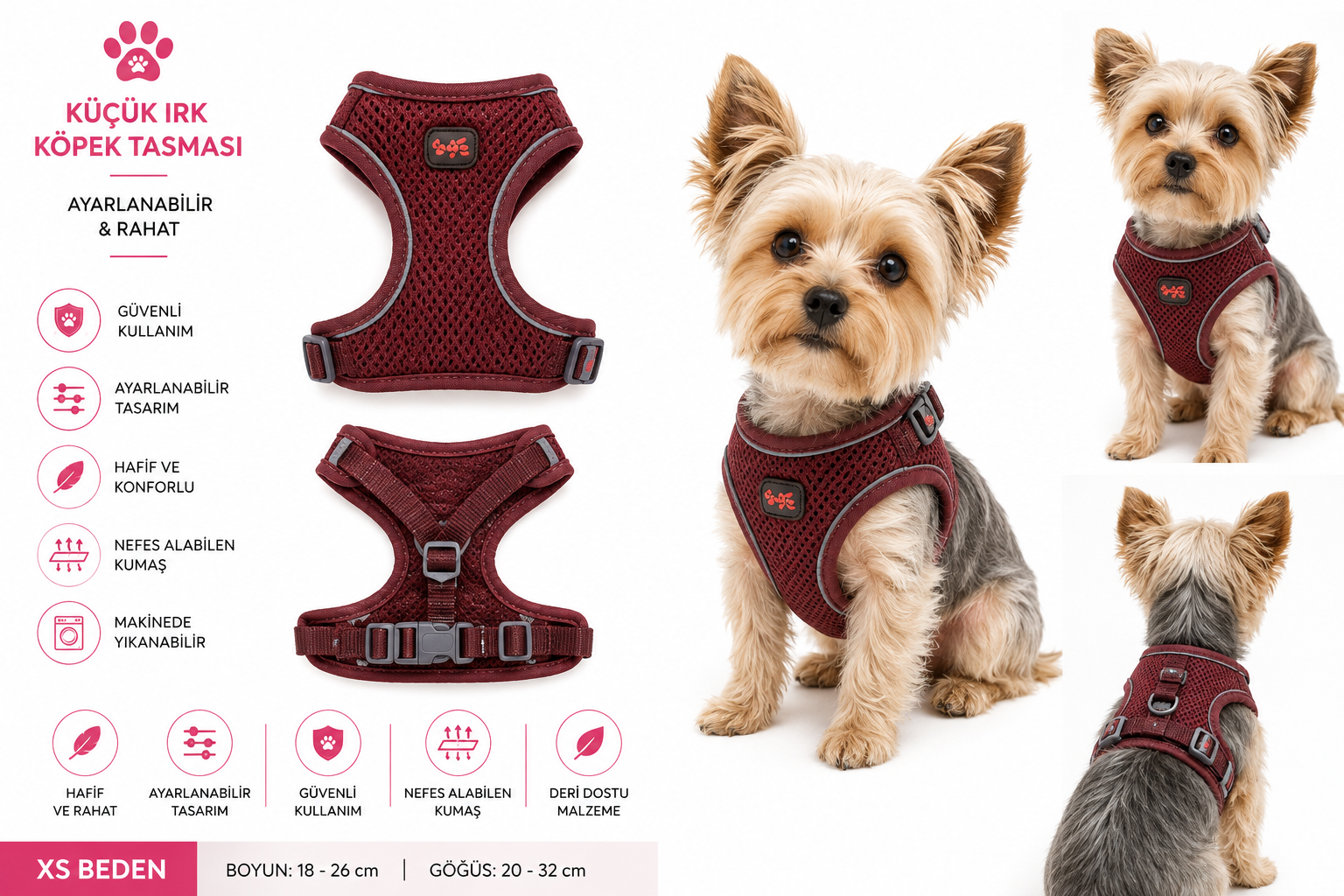 Küçük Irk Köpek Göğüs Tasması File Kumaş Reflektörlü Ayarlanabilir - Bordo XS Beden